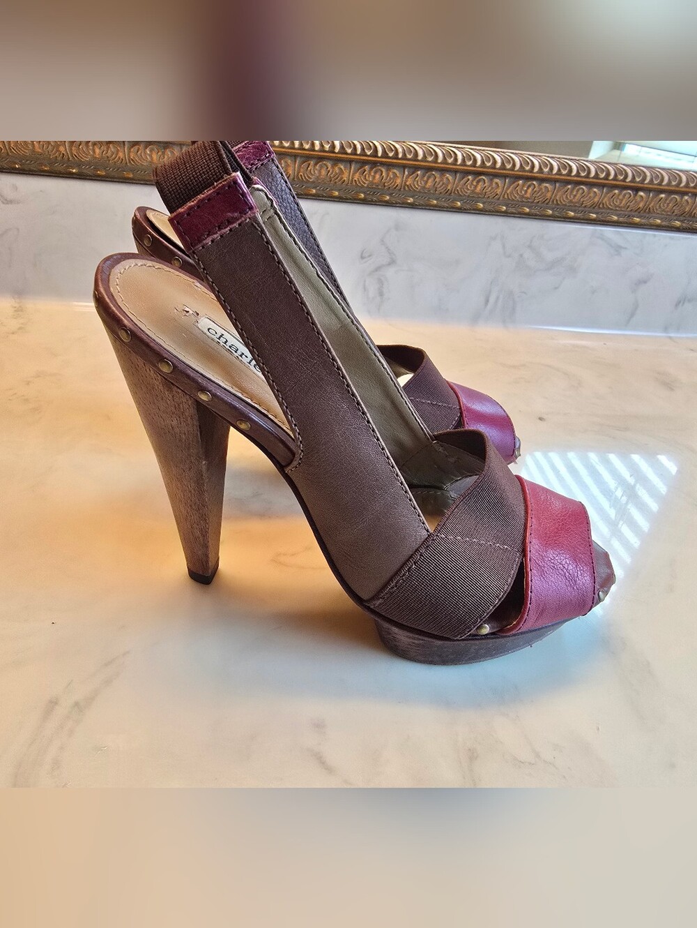 Charles David Leather Brown And Purple Slingback Platforms Size 37